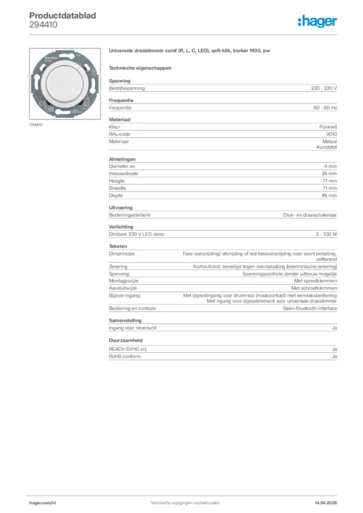 Afbeelding Hager Productdatablad 294410 | Hager Nederland