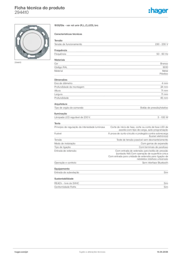 Imagem Hager Ficha técnica do produto 294410 | Hager Portugal