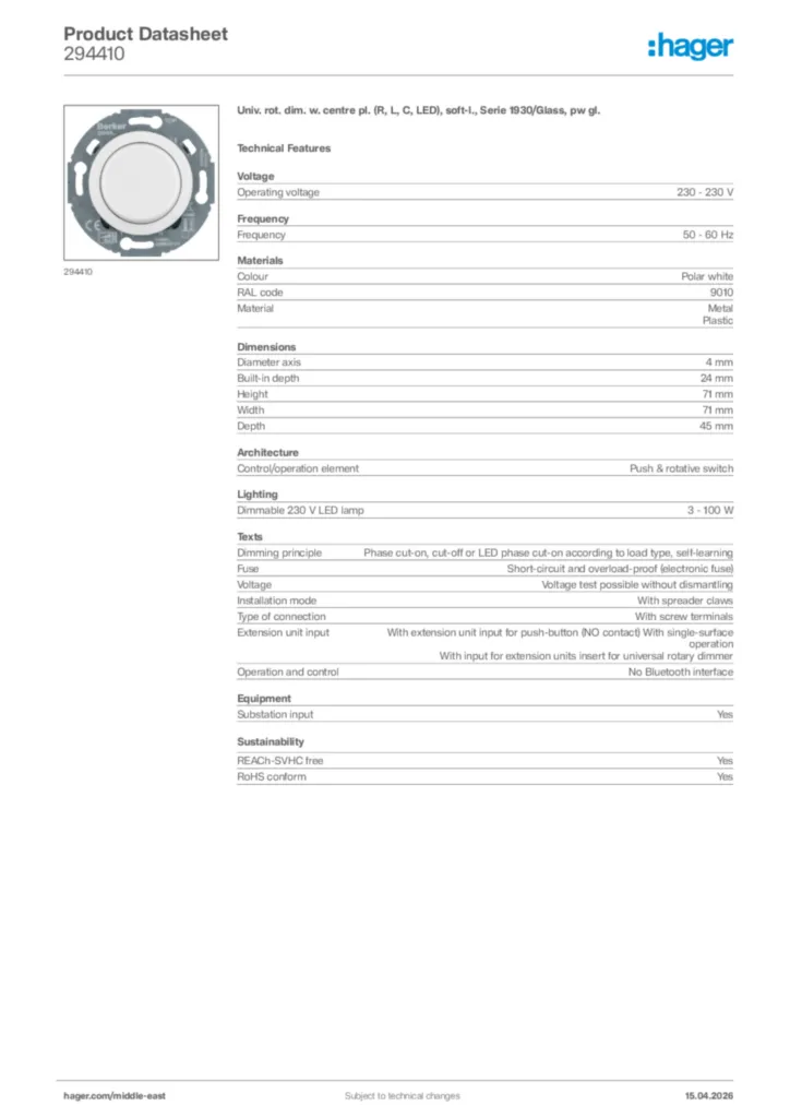Image Hager Product data sheet 294410  | Hager