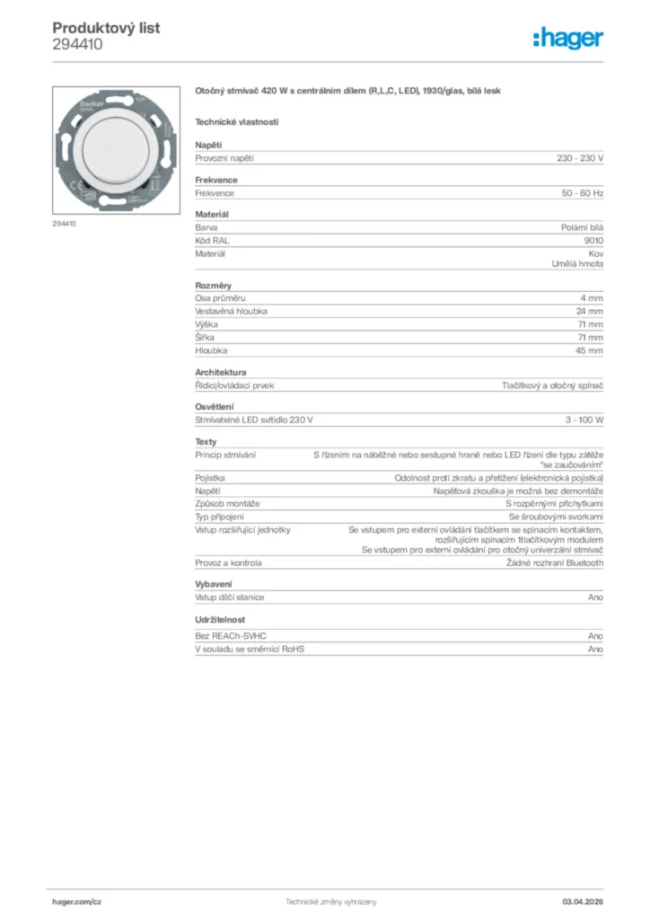 Obrázek Hager Product data sheet 294410 | Hager