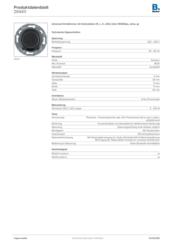 Bild Berker Produktdatenblatt 294411 | Hager Deutschland