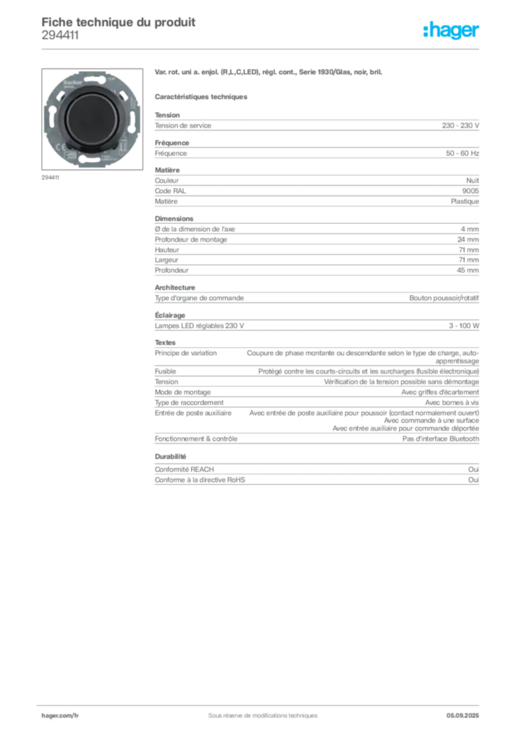 Image Hager Fiche technique du produit 294411 | Hager France