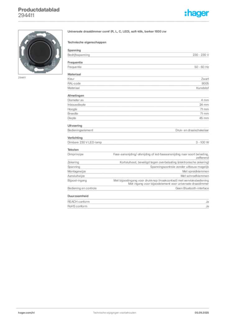 Afbeelding Hager Productdatablad 294411 | Hager Nederland