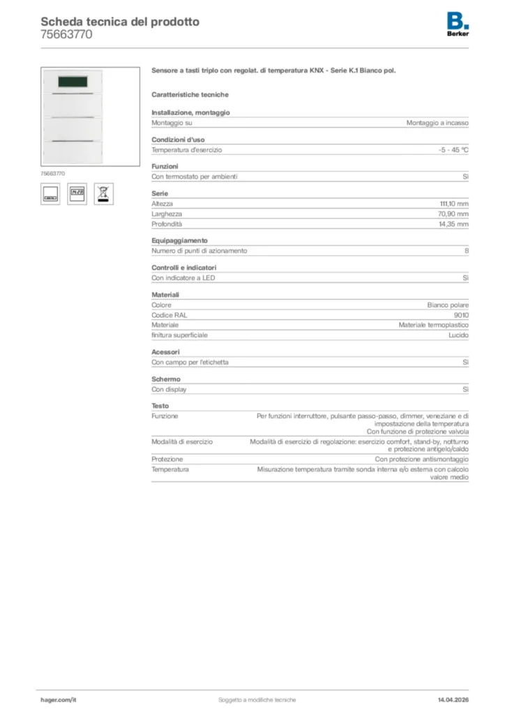 Immagine Berker Scheda tecnica del prodotto 75663770 | Hager Italia