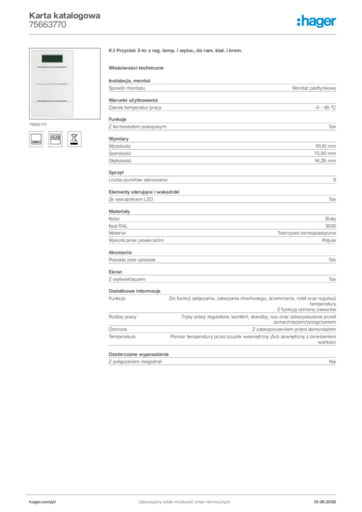 Zdjęcie Hager Karta katalogowa 75663770 | Hager Polska