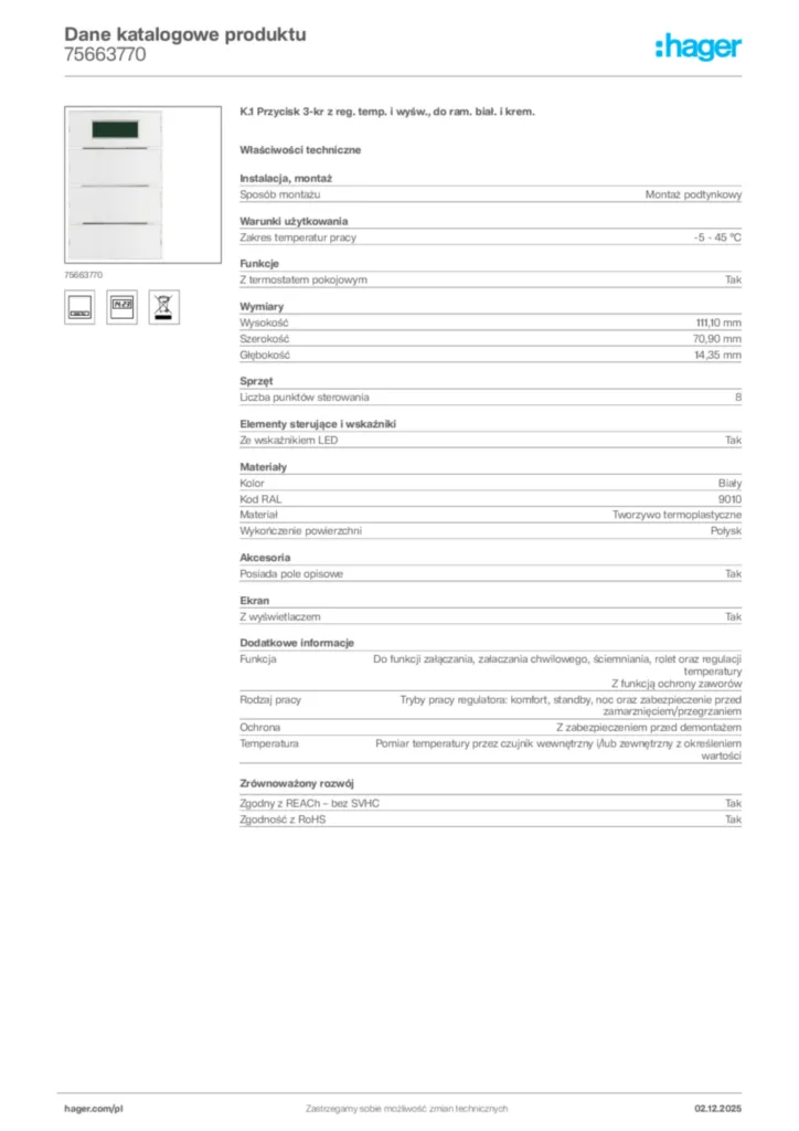 Zdjęcie Hager Dane katalogowe produktu 75663770 | Hager Polska