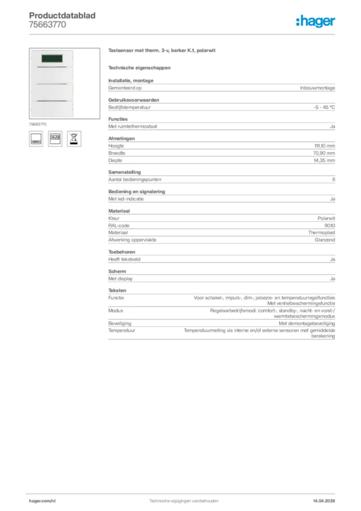 Afbeelding Hager Productdatablad 75663770 | Hager Nederland