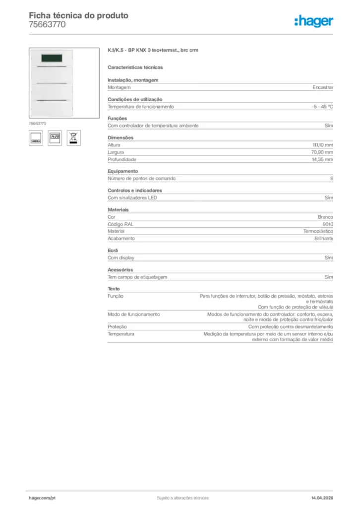 Imagem Hager Ficha técnica do produto 75663770 | Hager Portugal