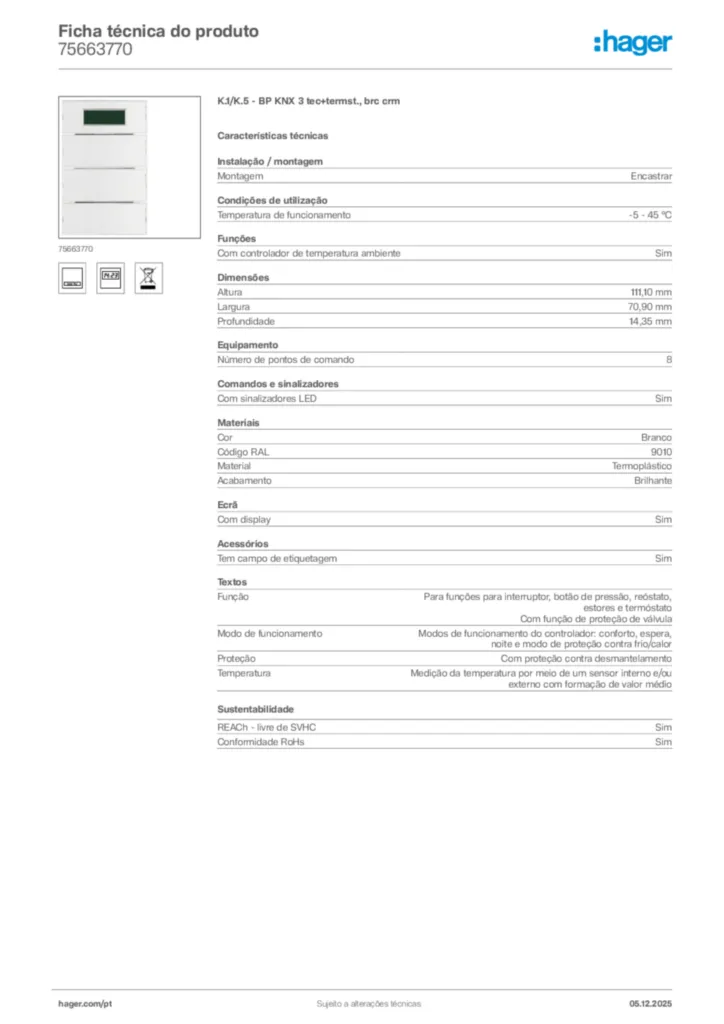 Imagem Hager Ficha técnica do produto 75663770 | Hager Portugal