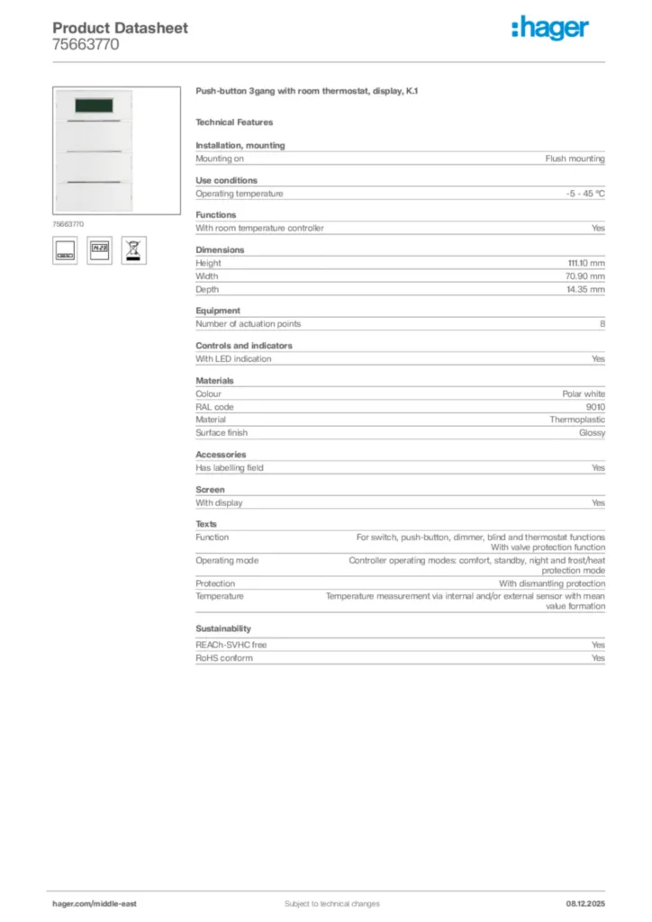 Image Hager Product data sheet 75663770  | Hager