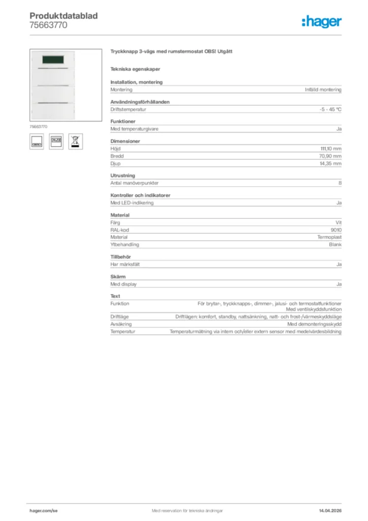 Bild Hager Produktdatablad 75663770 | Hager Sverige