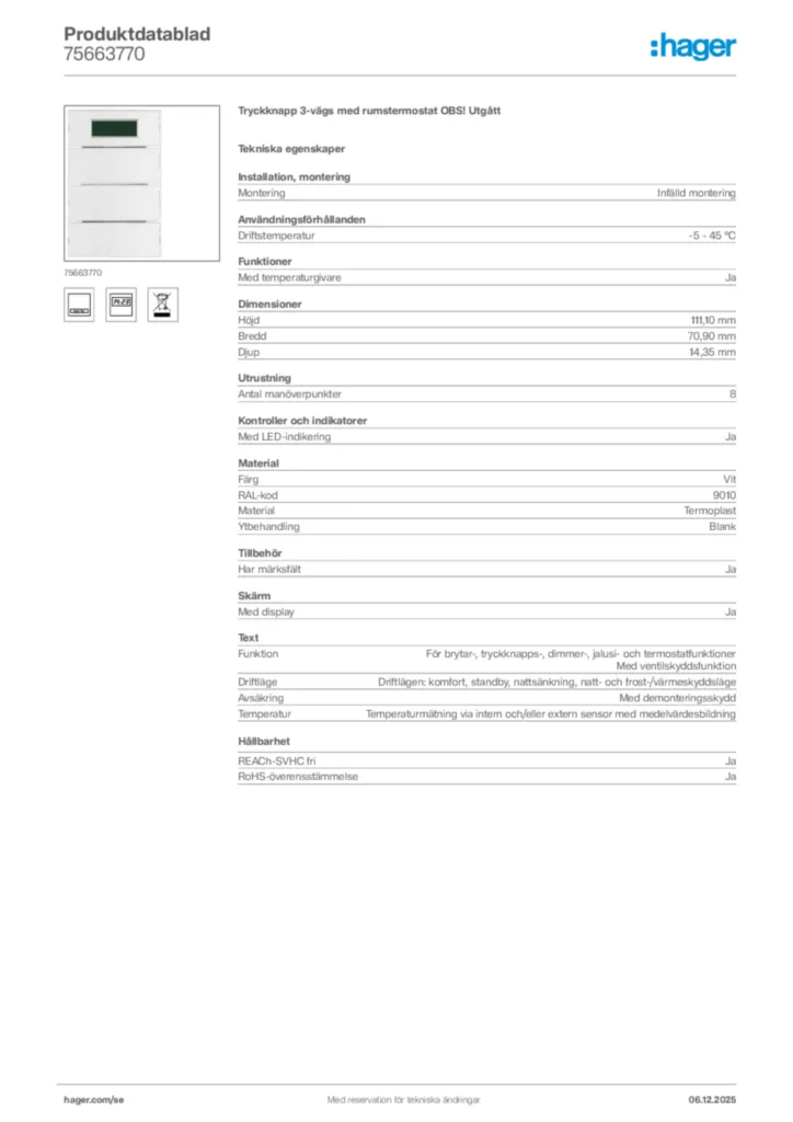 Bild Hager Produktdatablad 75663770 | Hager Sverige