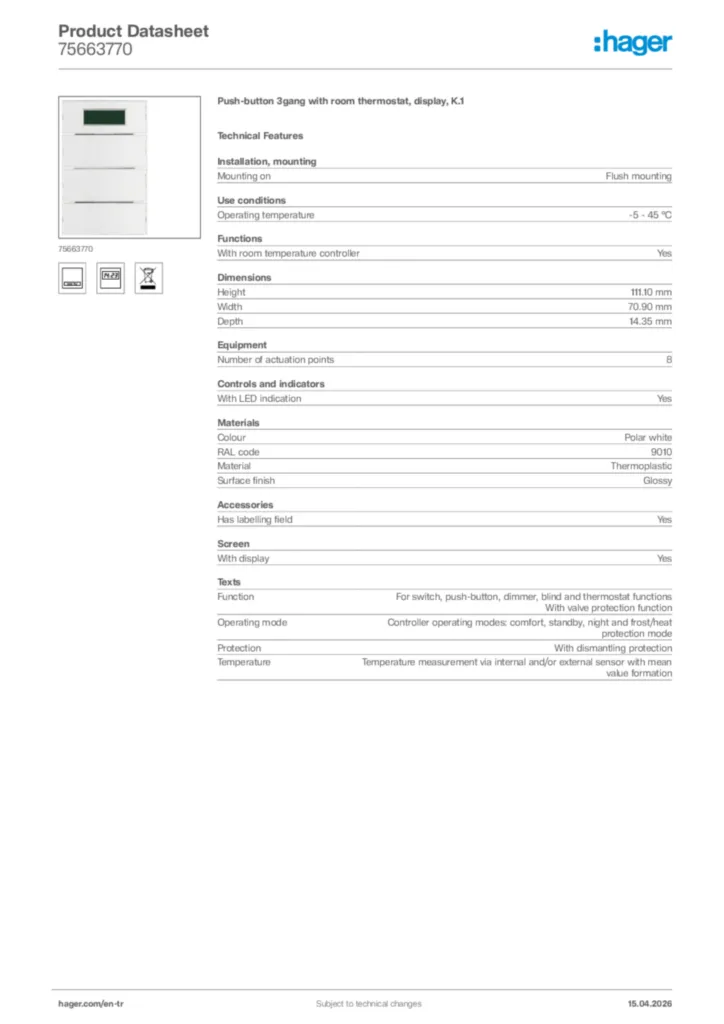 Image Hager Product data sheet 75663770  | Hager