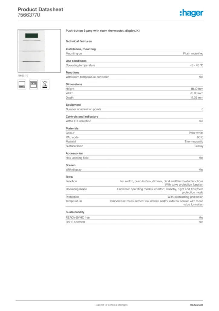 Image Hager Product data sheet 75663770  | Hager