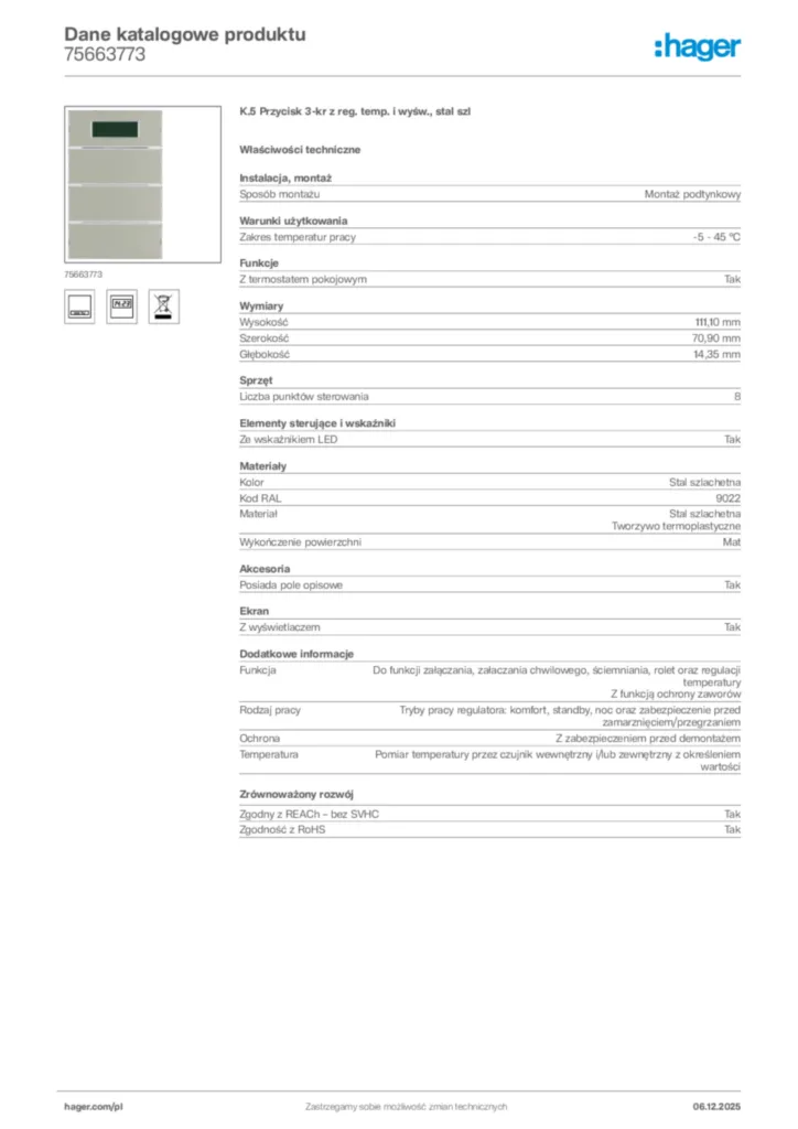 Zdjęcie Hager Karta katalogowa 75663773 | Hager Polska