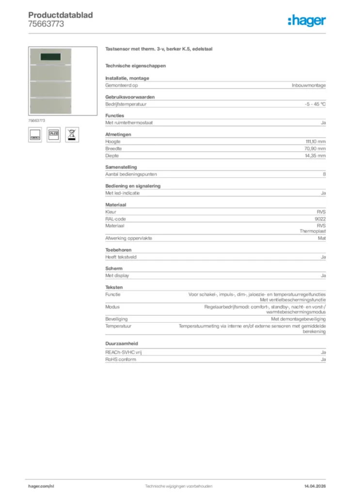Afbeelding Hager Productdatablad 75663773 | Hager Nederland