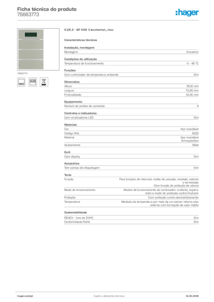 Imagem Hager Ficha técnica do produto 75663773 | Hager Portugal