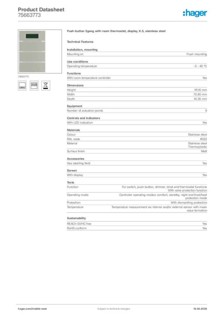 Image Hager Product data sheet 75663773  | Hager