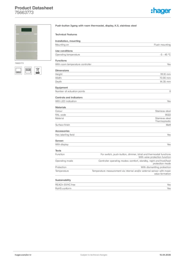 Image Hager Product data sheet 75663773  | Hager