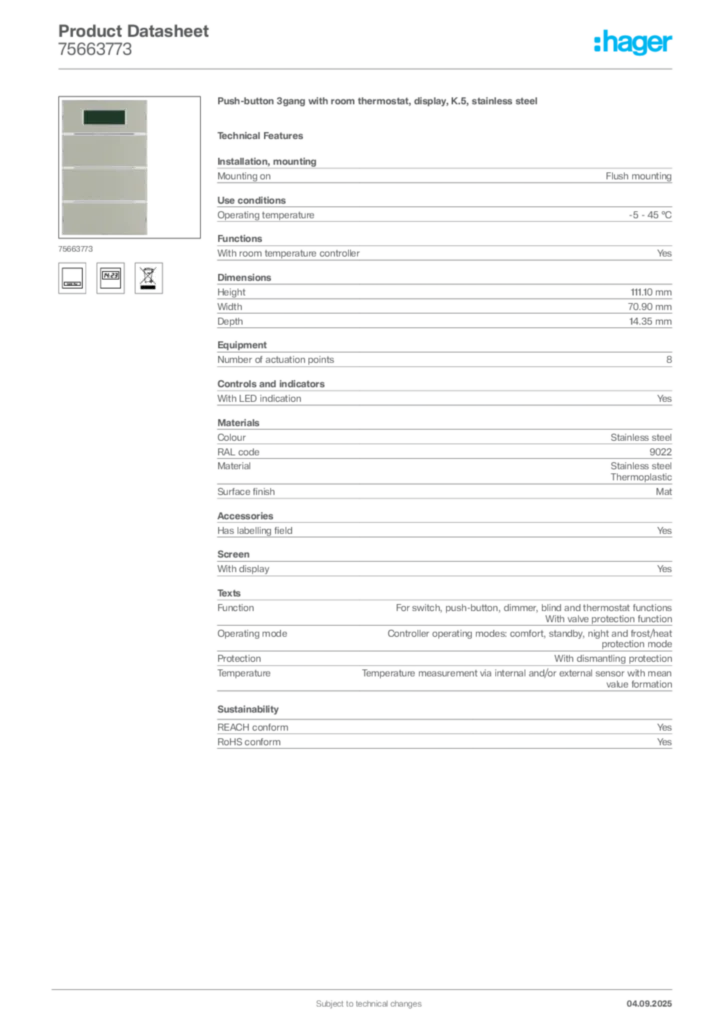 Image Hager Product data sheet 75663773  | Hager