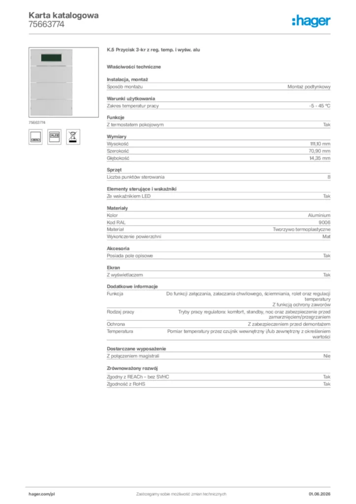 Zdjęcie Hager Karta katalogowa 75663774 | Hager Polska