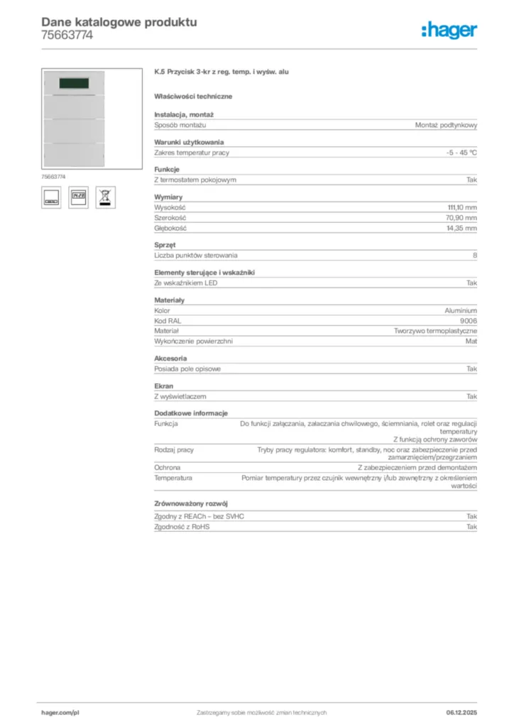 Zdjęcie Hager Dane katalogowe produktu 75663774 | Hager Polska