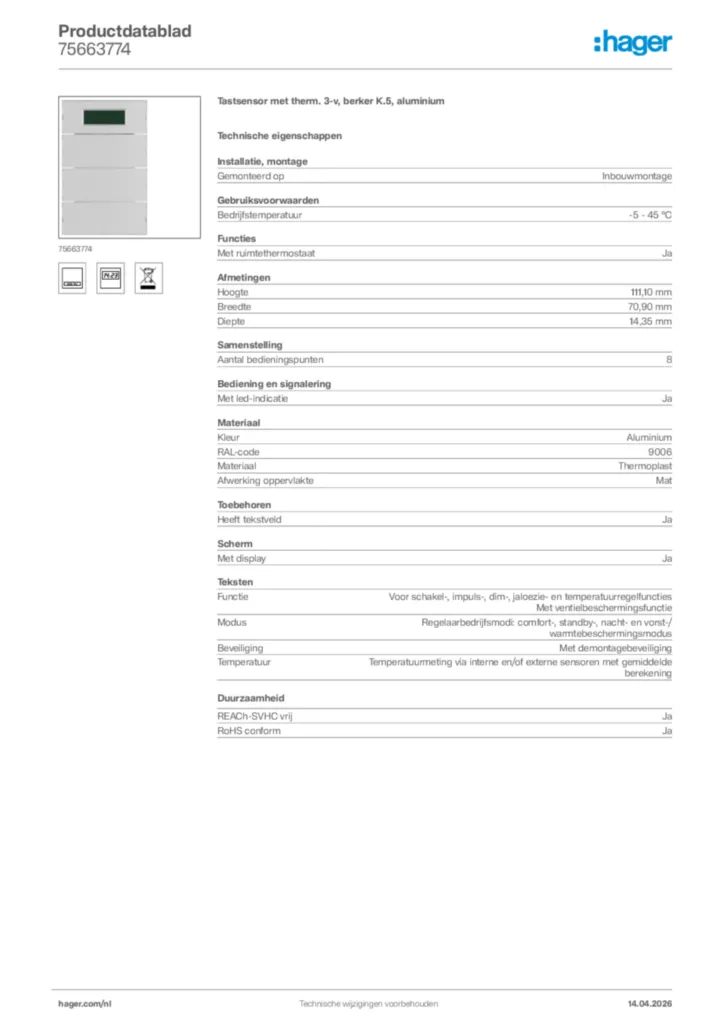 Afbeelding Hager Productdatablad 75663774 | Hager Nederland