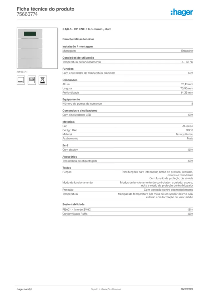 Imagem Hager Ficha técnica do produto 75663774 | Hager Portugal
