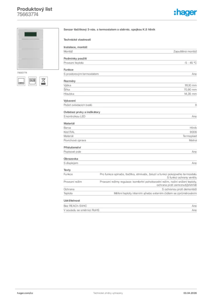 Obrázek Hager Product data sheet 75663774 | Hager