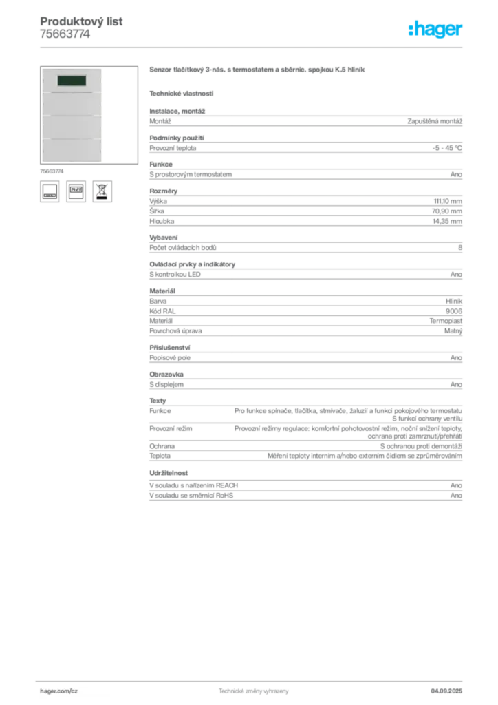 Obrázek Hager Produktový list 75663774 | Hager