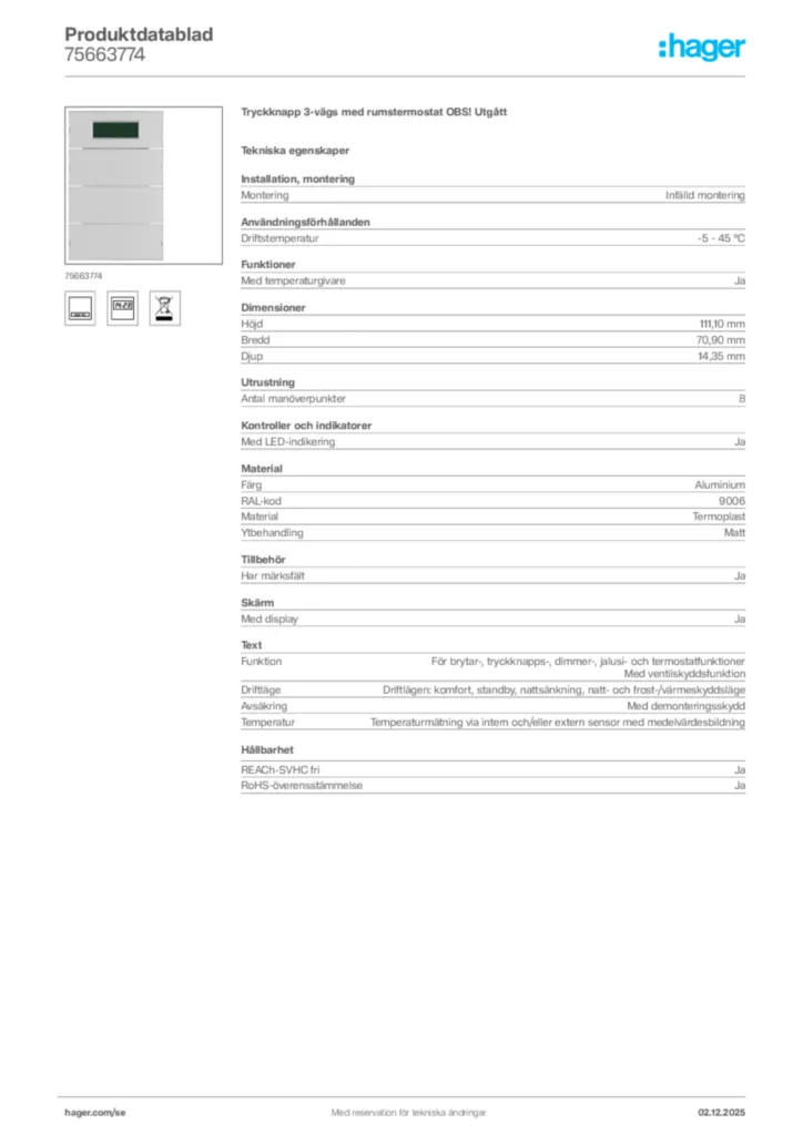 Bild Hager Produktdatablad 75663774 | Hager Sverige