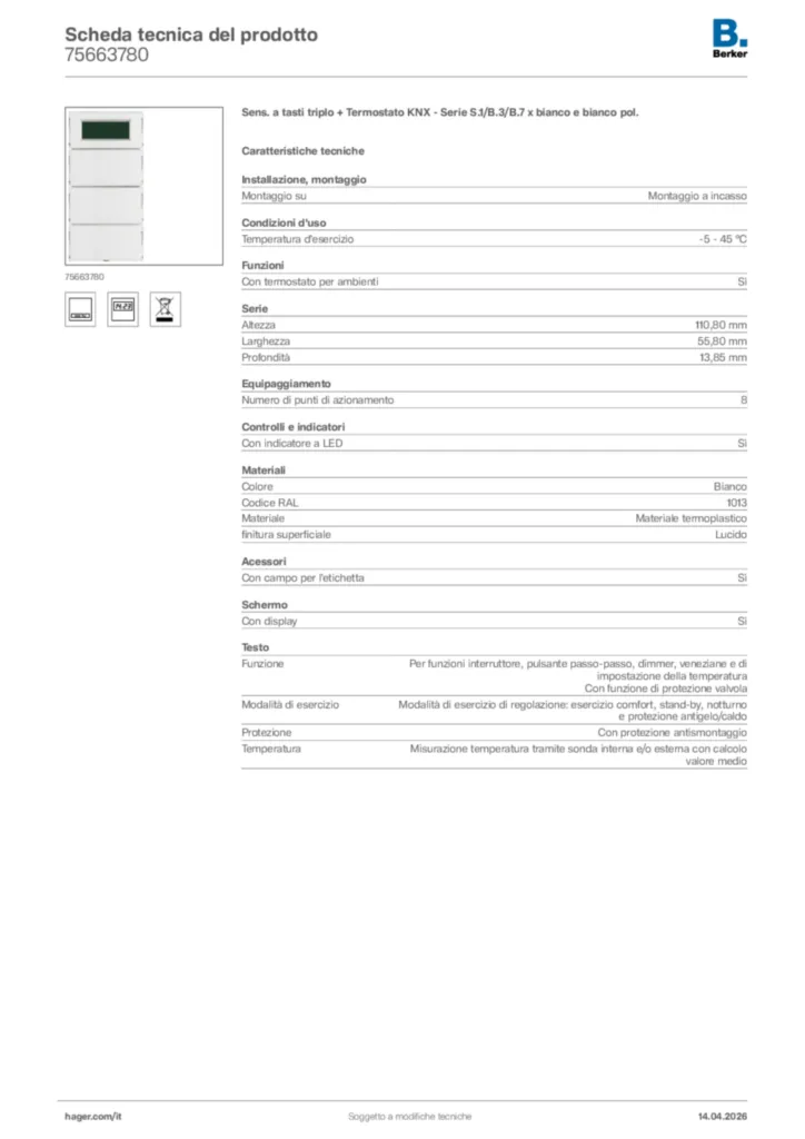 Immagine Berker Scheda tecnica del prodotto 75663780 | Hager Italia