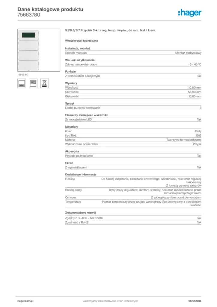 Zdjęcie Hager Karta katalogowa 75663780 | Hager Polska