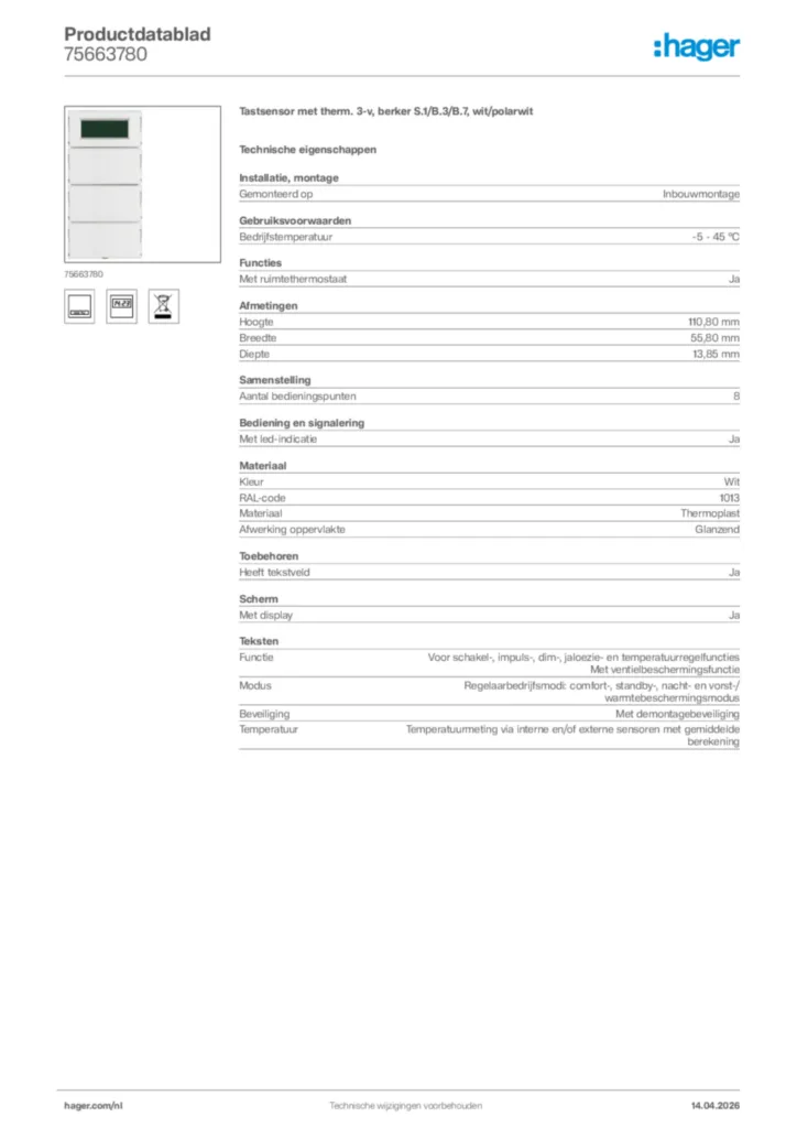 Afbeelding Hager Productdatablad 75663780 | Hager Nederland