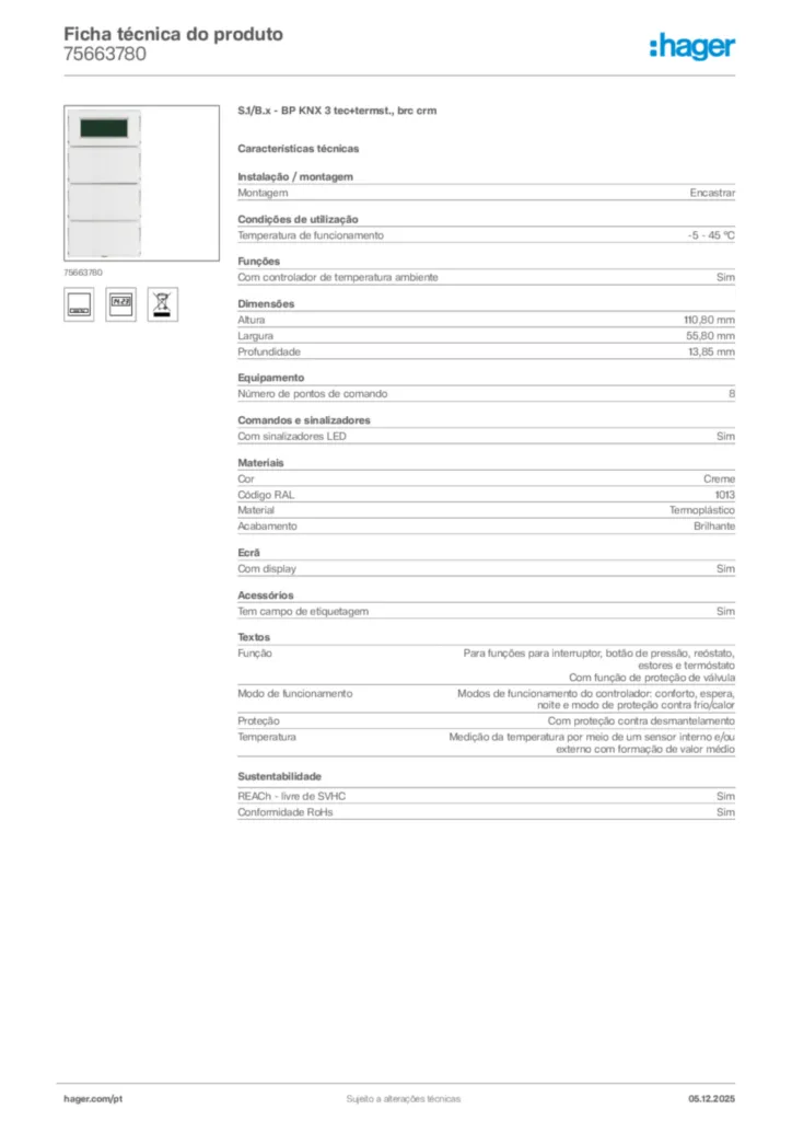 Imagem Hager Ficha técnica do produto 75663780 | Hager Portugal