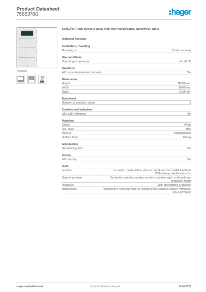 Image Hager Product data sheet 75663780  | Hager