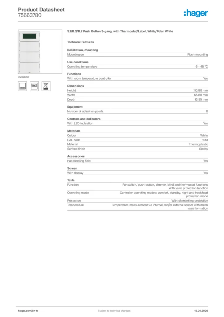 Image Hager Product data sheet 75663780  | Hager