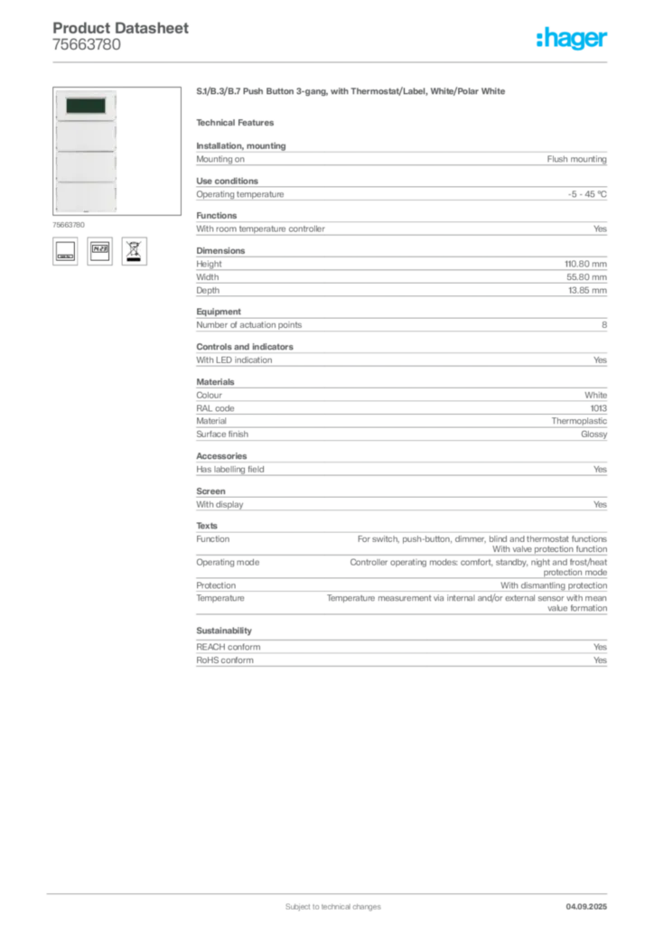 Image Hager Product data sheet 75663780  | Hager