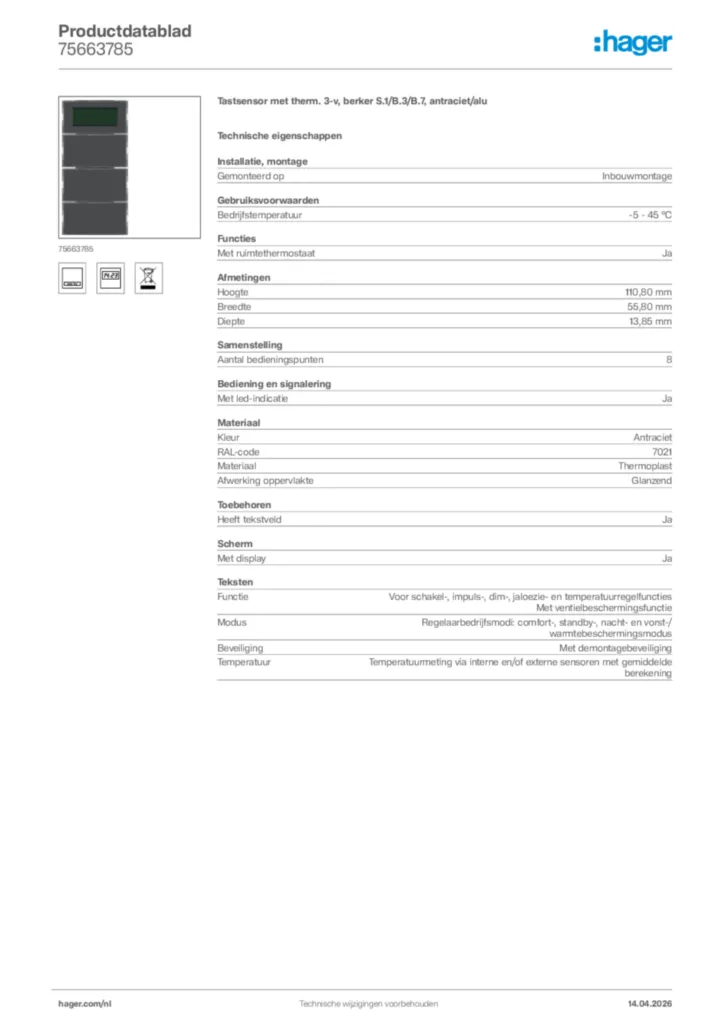 Afbeelding Hager Productdatablad 75663785 | Hager Nederland