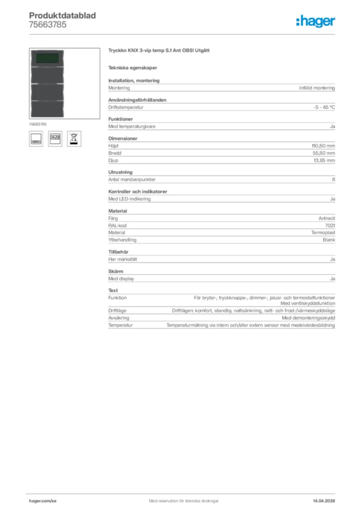Bild Hager Produktdatablad 75663785 | Hager Sverige