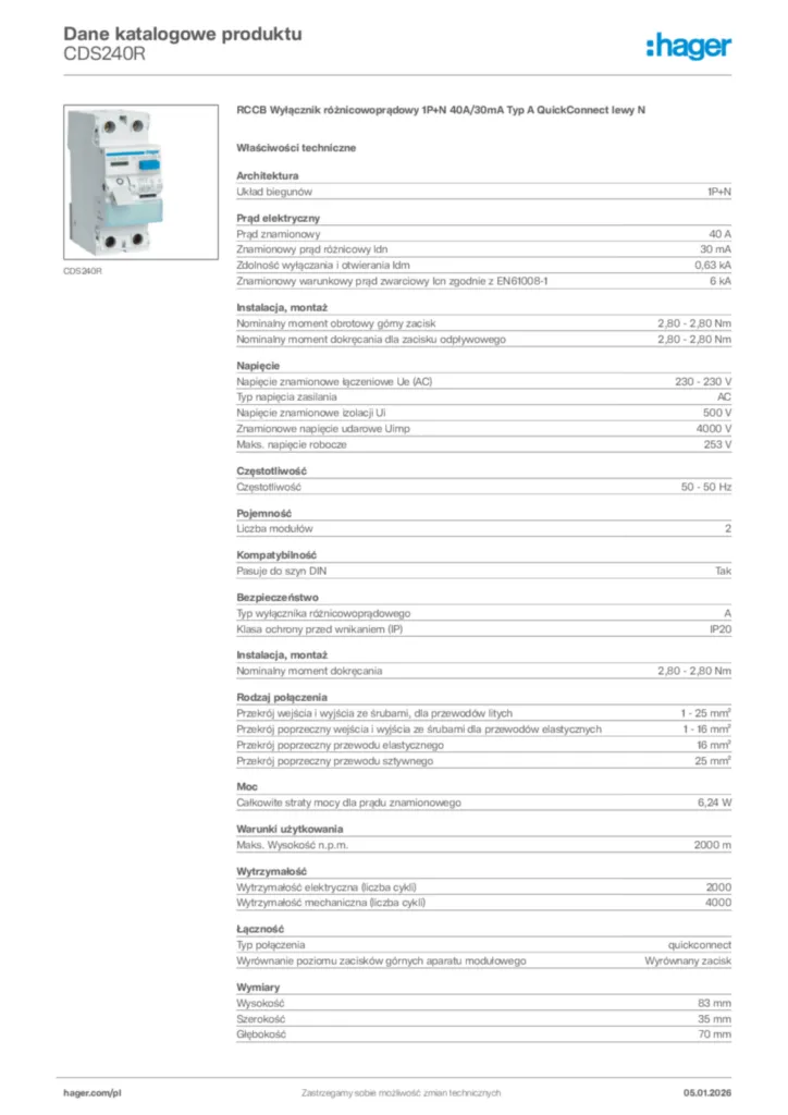 Zdjęcie Hager Karta katalogowa CDS240R | Hager Polska