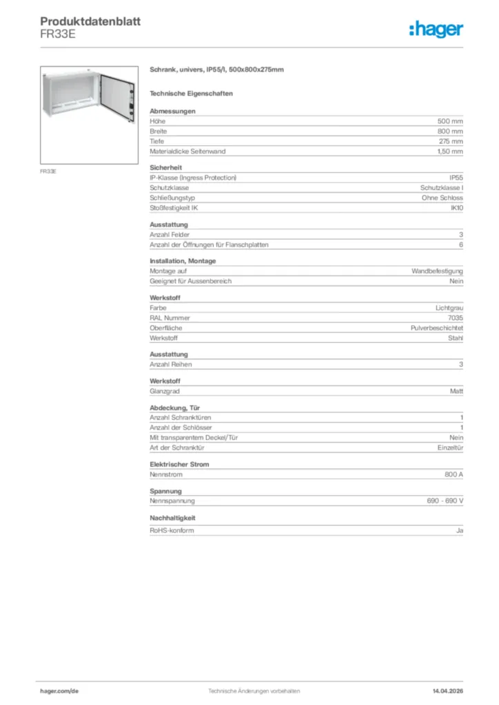 Bild Hager Produktdatenblatt FR33E | Hager Deutschland