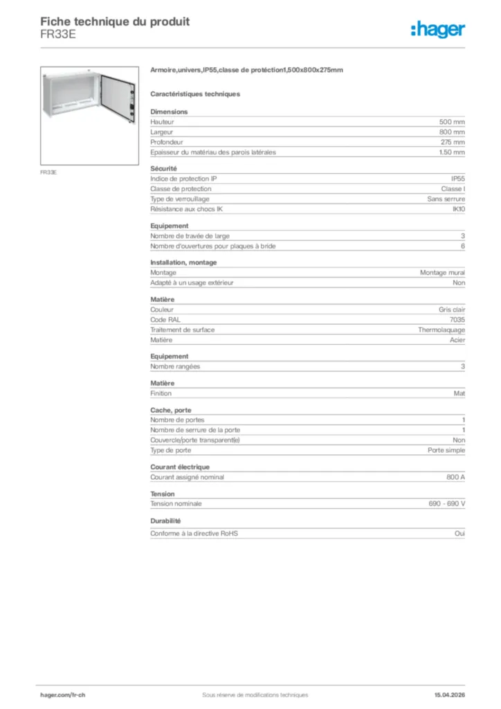 Image Hager Fiche technique du produit FR33E | Hager Suisse