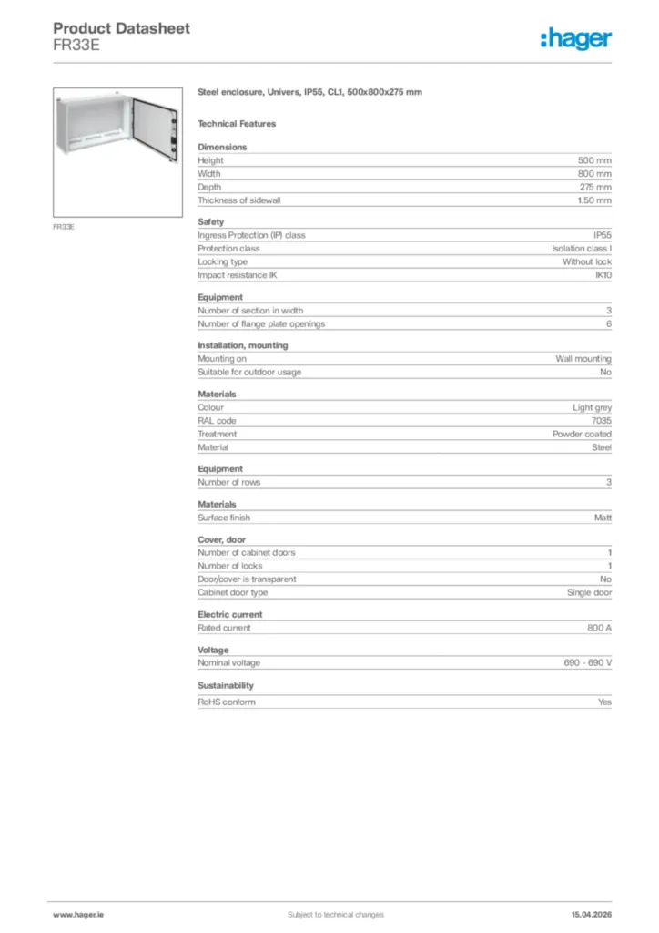 Image Hager Product data sheet FR33E  | Hager