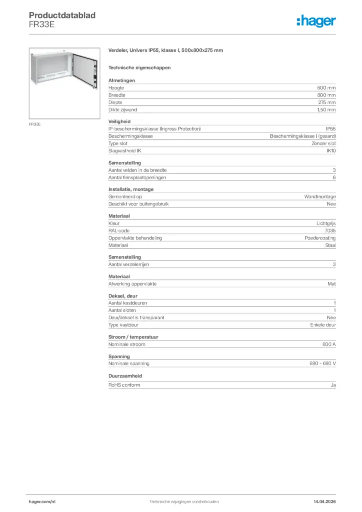 Afbeelding Hager Productdatablad FR33E | Hager Nederland