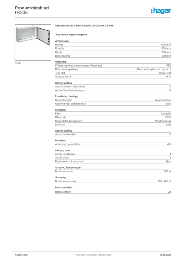 Afbeelding Hager Productdatablad FR33E | Hager Nederland