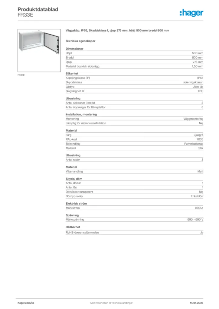 Bild Hager Produktdatablad FR33E | Hager Sverige