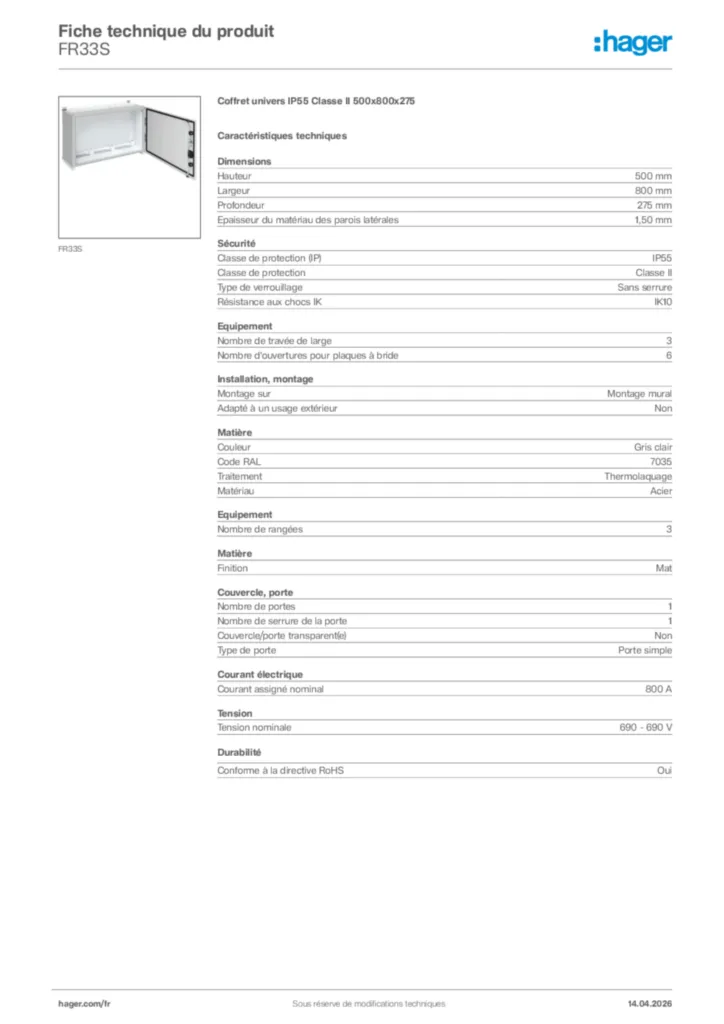 Image Hager Fiche technique du produit FR33S | Hager France
