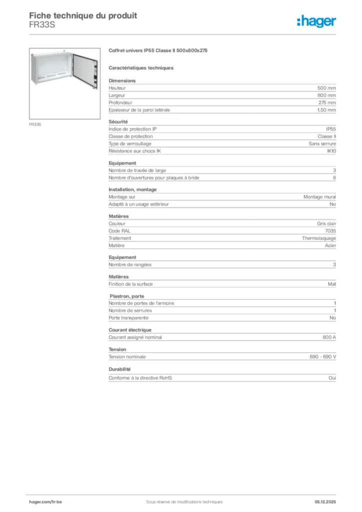Image Hager Fiche technique du produit FR33S | Hager Belgique