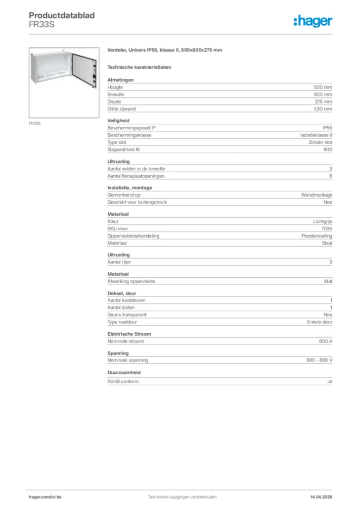 Afbeelding Hager Productdatablad FR33S | Hager Belgium